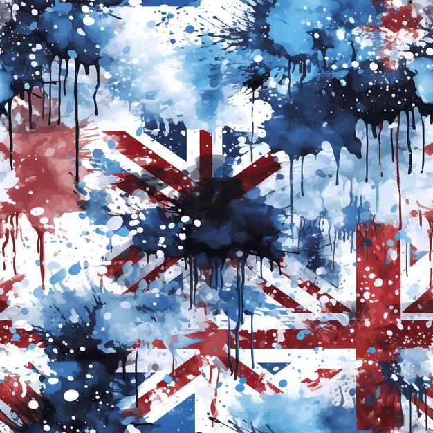 seamless pattern with the English British flag of England Britain UK on white blue red background with a watercolor style texture
