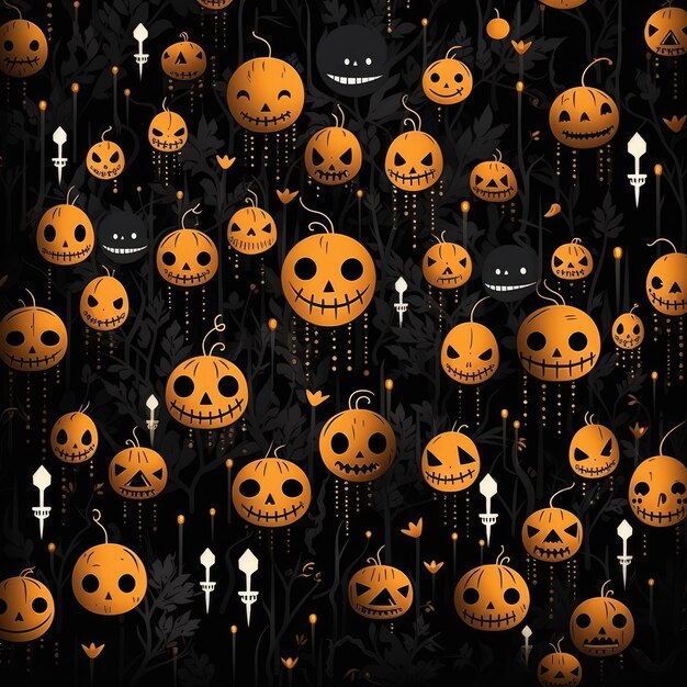 Photo seamless pattern with faces pumpkin devil in the dark background halloween pattern background