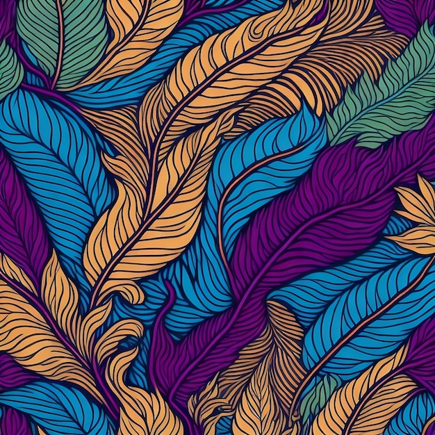 Seamless pattern with feathers on a purple background