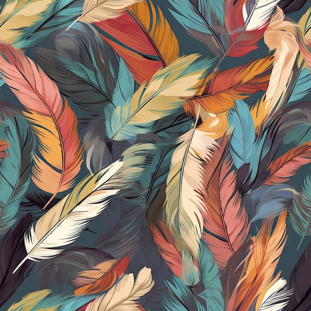 Seamless pattern with feathers on turquoise background Colorful bird feathers fly apart