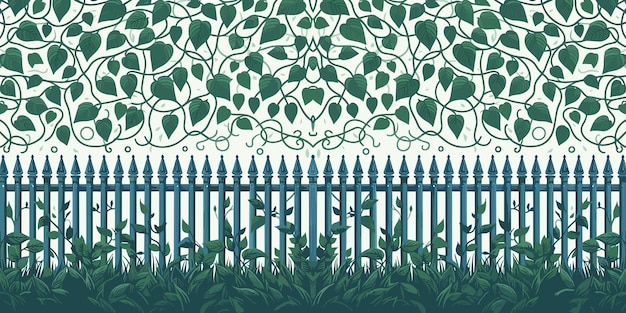 Photo seamless pattern with fence and green leaves ornamental fence background vector illustration