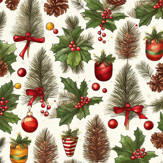 Seamless pattern with fir cone holly leaves and berries Ai generated