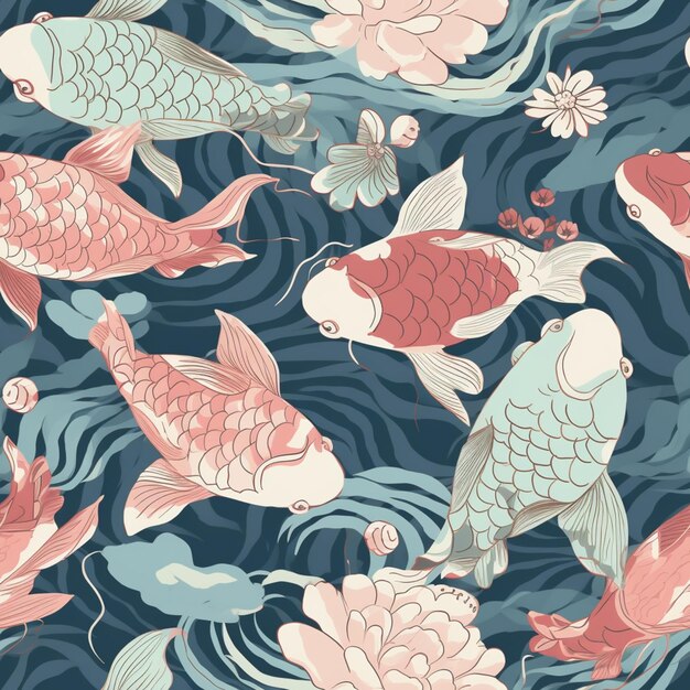 A seamless pattern with fish and flowers.