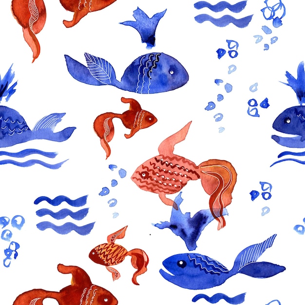 Seamless pattern with fish Hand painted watercolor background