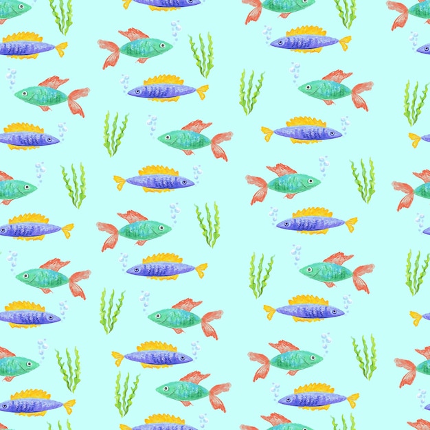 A seamless pattern with fish and seaweed on a blue background.