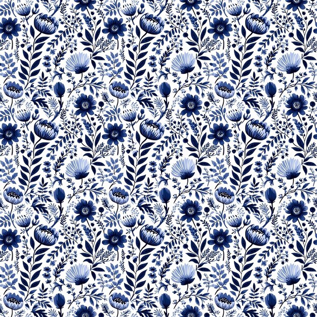 Seamless pattern with floral and botanical illustrations The design with indigo blue and white