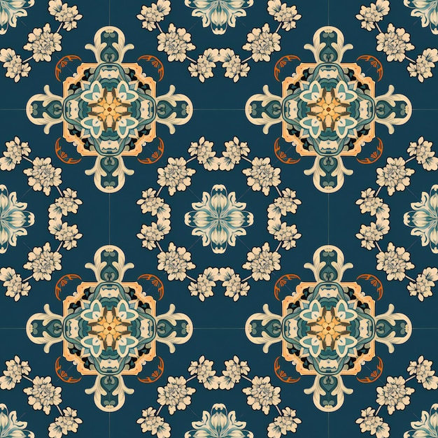 Seamless pattern with floral motifs in blue and beige colors