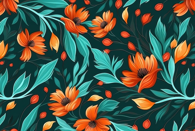 Seamless pattern with flower natural leaves on green in the style of dark turquoise and orange