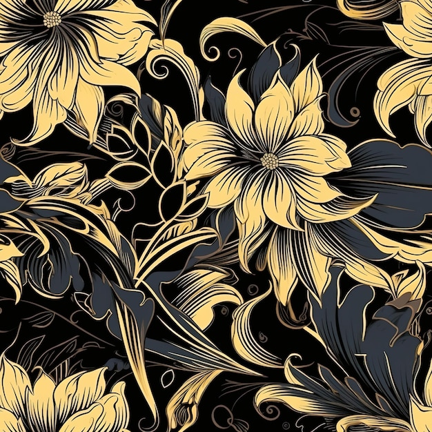 黒の背景に花模様のシームレスなパターン。