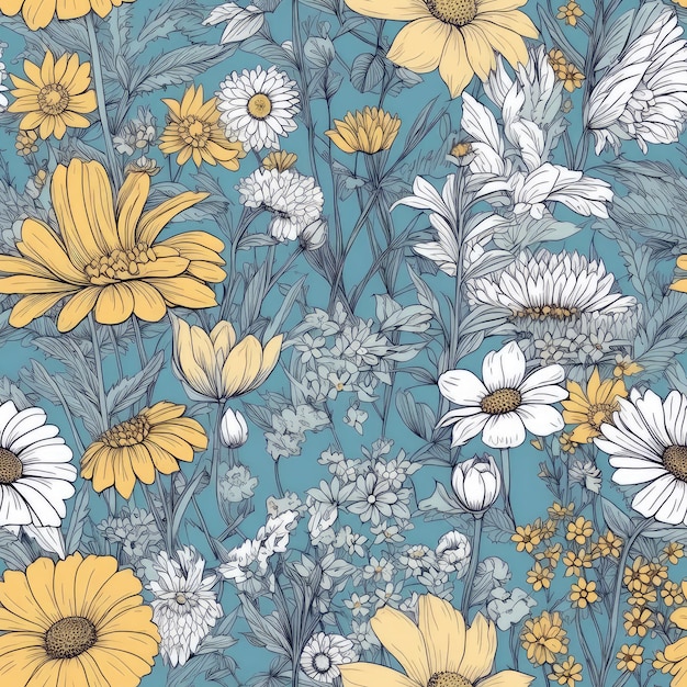 A seamless pattern with flowers and daisies.