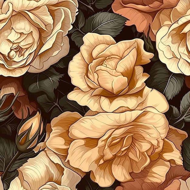 A seamless pattern with flowers on a dark background.