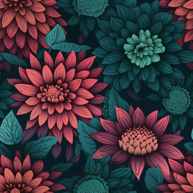 Seamless pattern with flowers on a dark background.