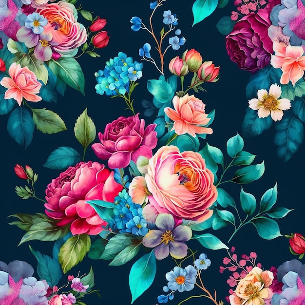 Seamless pattern with flowers on a dark blue background.