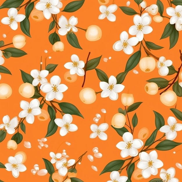 オレンジ色の背景に花と果物のシームレスなパターン。