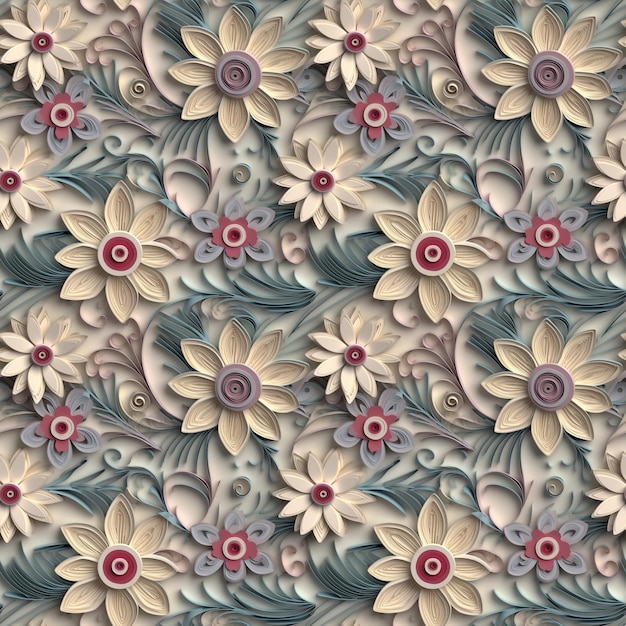 Seamless pattern with flowers and leaves on a blue background.