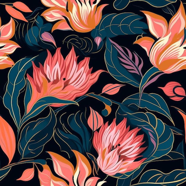 Seamless pattern with flowers and leaves on a dark background