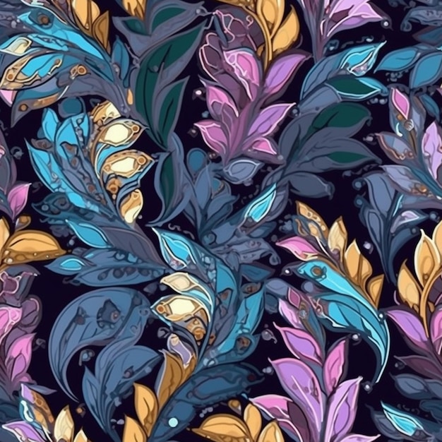 Seamless pattern with flowers and leaves on a dark background.