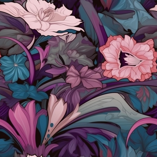 Seamless pattern with flowers and leaves on a dark background.