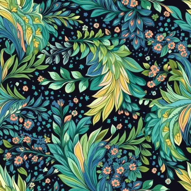 A seamless pattern with flowers and leaves on a dark background.