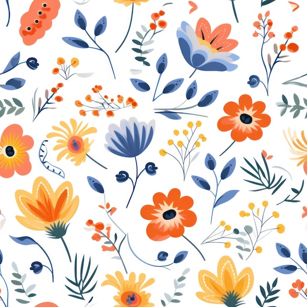 Seamless pattern with flowers and leaves Hand drawn style illustration Generative ai