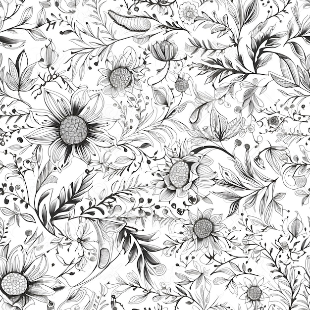 Seamless pattern with flowers and leaves on a white background.