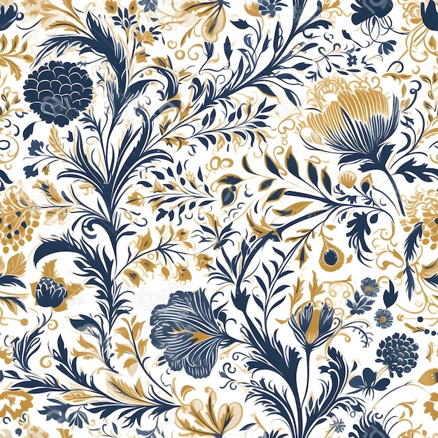 Seamless pattern with flowers and leaves on a white background.