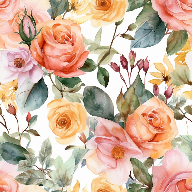 A seamless pattern with flowers and leaves.