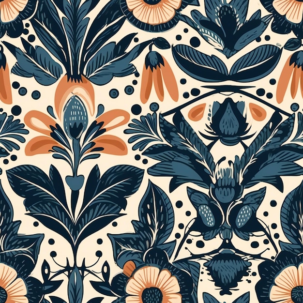 A seamless pattern with flowers and leaves.