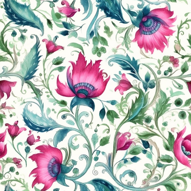 A seamless pattern with flowers and leaves.