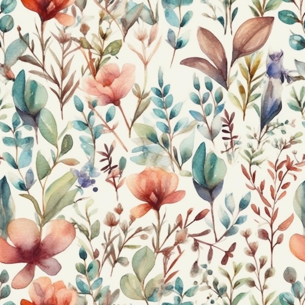 A seamless pattern with flowers and leaves.