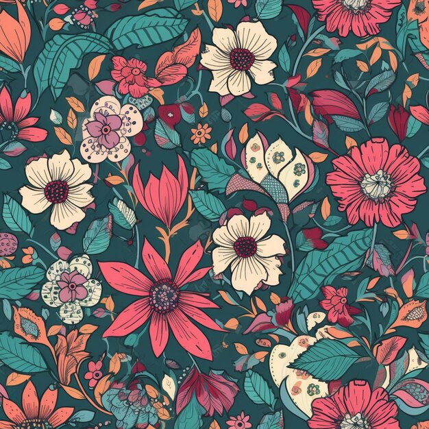 A seamless pattern with flowers and leaves.