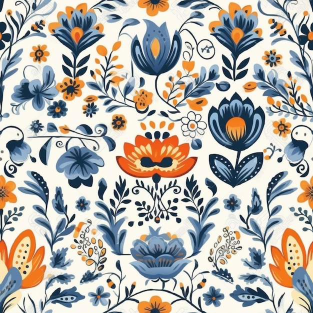 A seamless pattern with flowers and leaves.