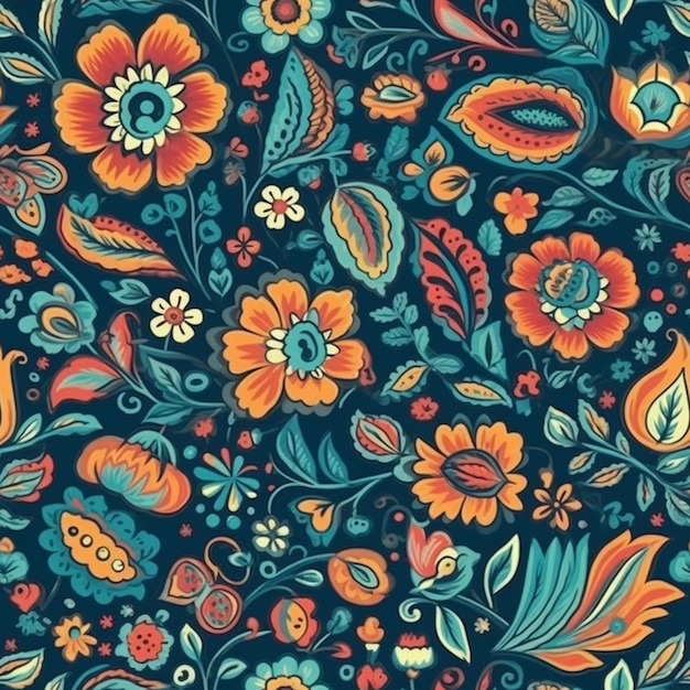 A seamless pattern with flowers and leaves.