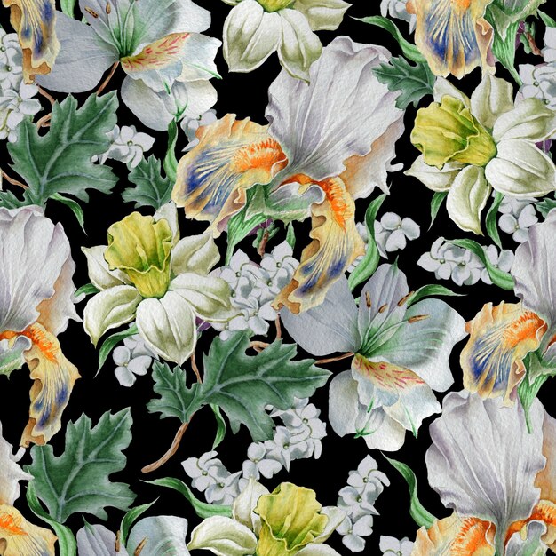 Seamless pattern with flowers. Narcissus. Iris. Lily. Watercolor illustration. Hand drawn.