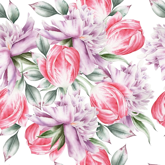 Seamless pattern with flowers Peony Tulip Watercolor illustration Hand drawn