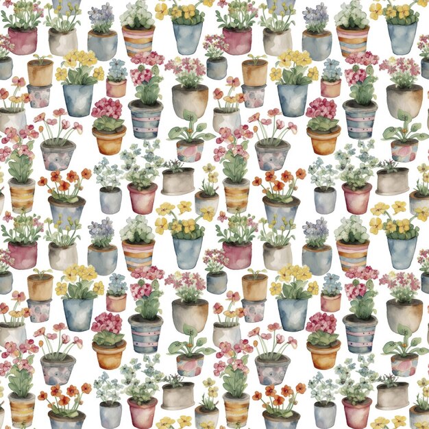 A seamless pattern with flowers in pots.