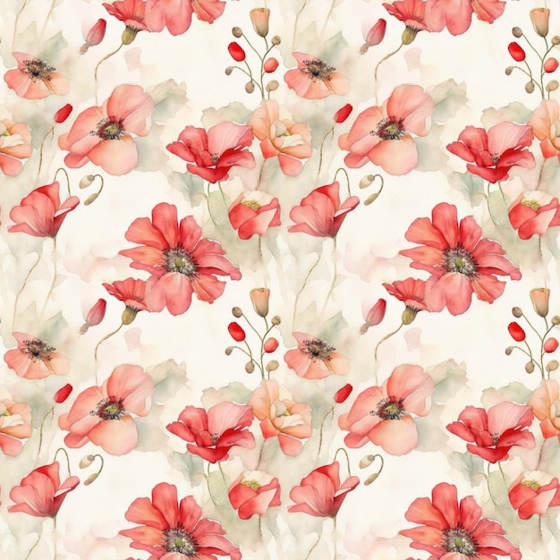 Seamless pattern with flowers Red poppies on a beige backgroundwatercolor Generative AI