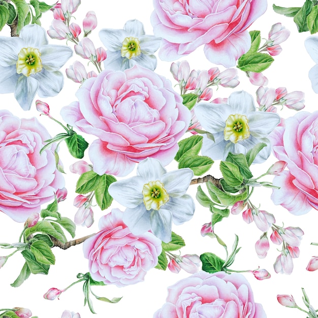 seamless pattern with flowers. rose. narcissus. watercolor illustration. hand drawn.