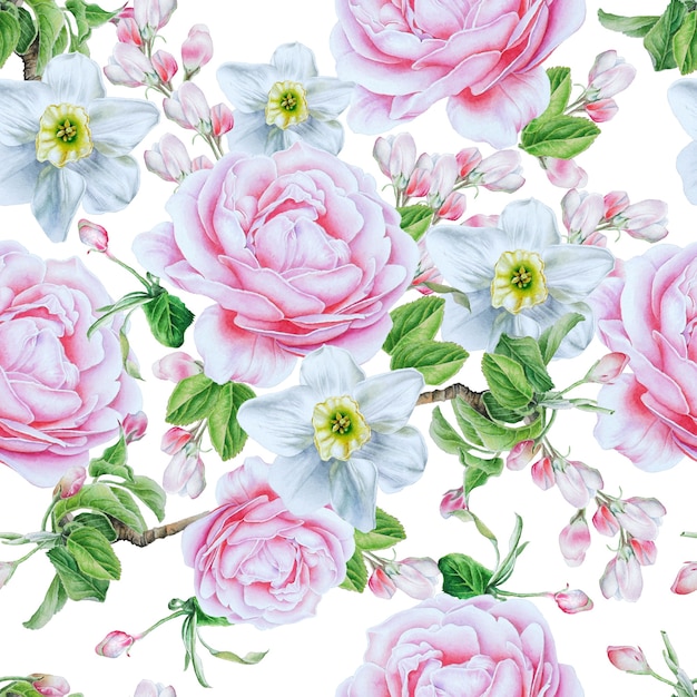 Seamless pattern with flowers. Rose. Narcissus. Watercolor illustration. Hand drawn.