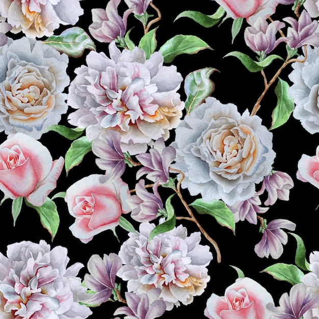 Seamless pattern with flowers. Rose. Peony. Watercolor illustration. Hand drawn.