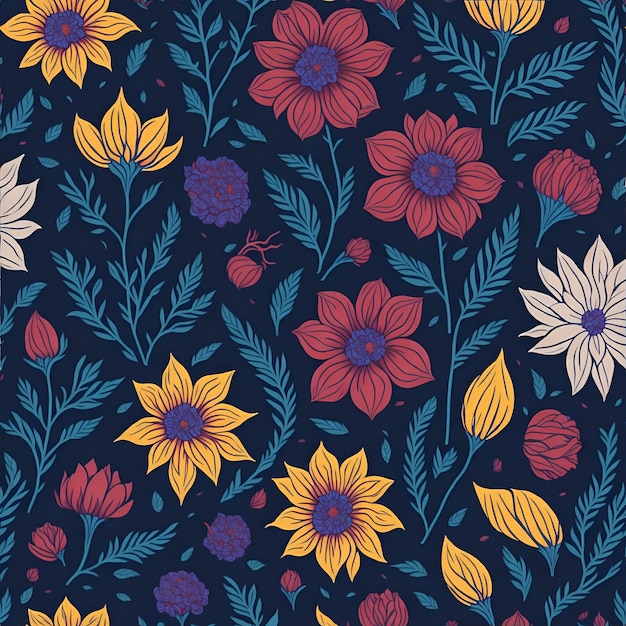 Photo a seamless pattern with flowers and a spider on a dark background.