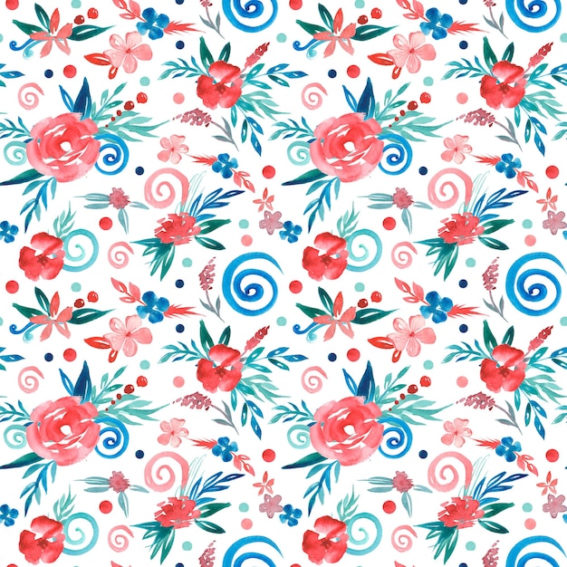 A seamless pattern with flowers and swirls.