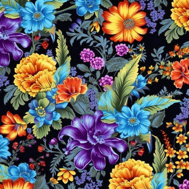 Seamless pattern with flowers in traditional russian folk style