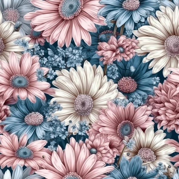 Seamless pattern with flowers and the word love on a blue background.