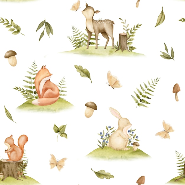 Photo seamless pattern with forest animals and plants hand drawn watercolor illustration of woodland backdrop with deer and fox for childish textile or wrapping paper on isolated background baby ornament