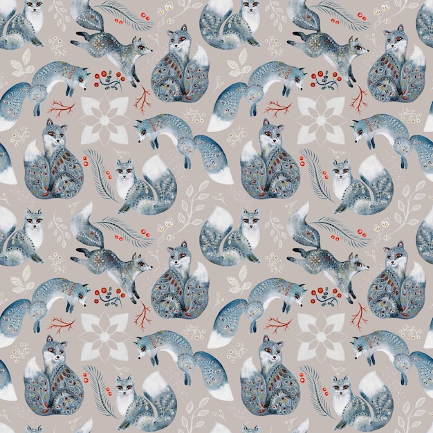 A seamless pattern with foxes and flowers.