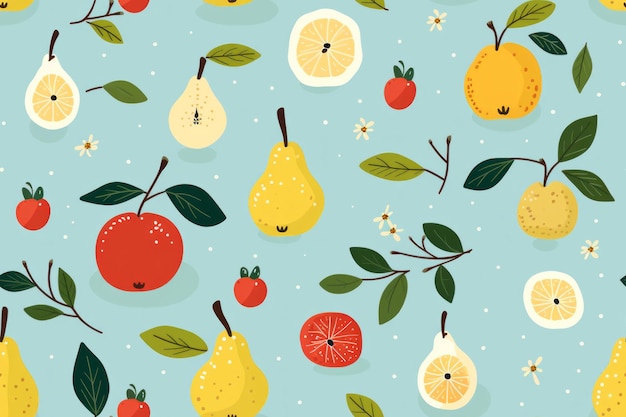 seamless pattern with fruits and berries on blue background