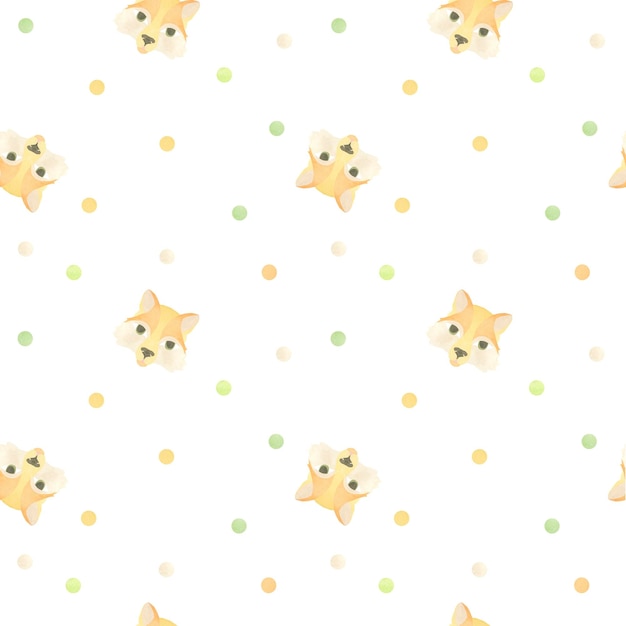 Seamless pattern with funny fox faces and colored circles Watercolor illustration