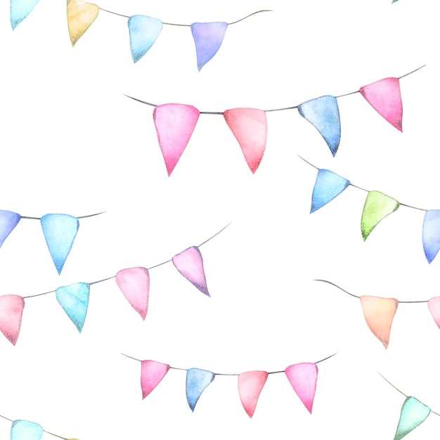 Seamless pattern with garlands of multicolored flags painted in watercolor on a white background
