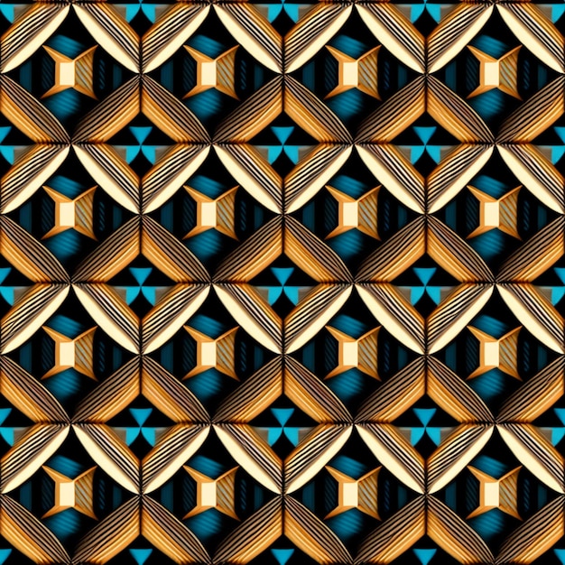 A seamless pattern with geometric shapes in blue and gold.